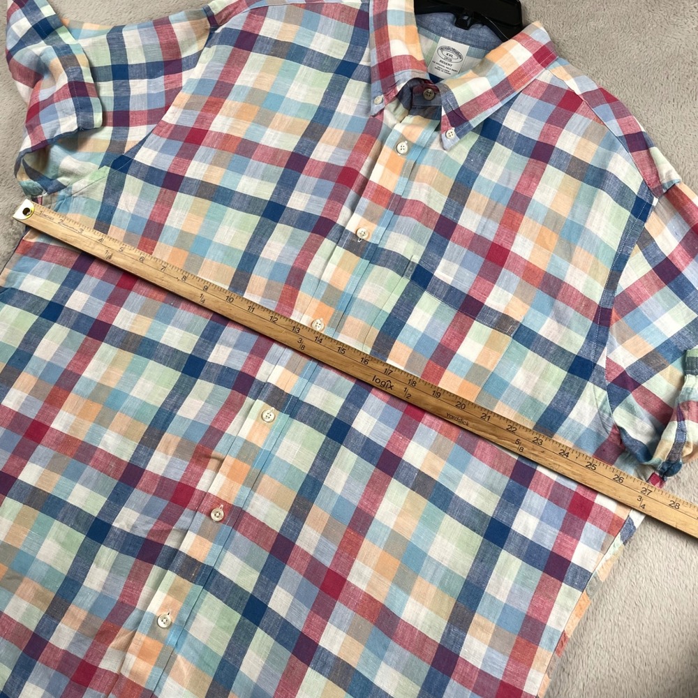 Brooks Brothers Shirt Men 2XL Multicolor Plaid 100% Linen Short Sleeve Button Up - Picture 4 of 6